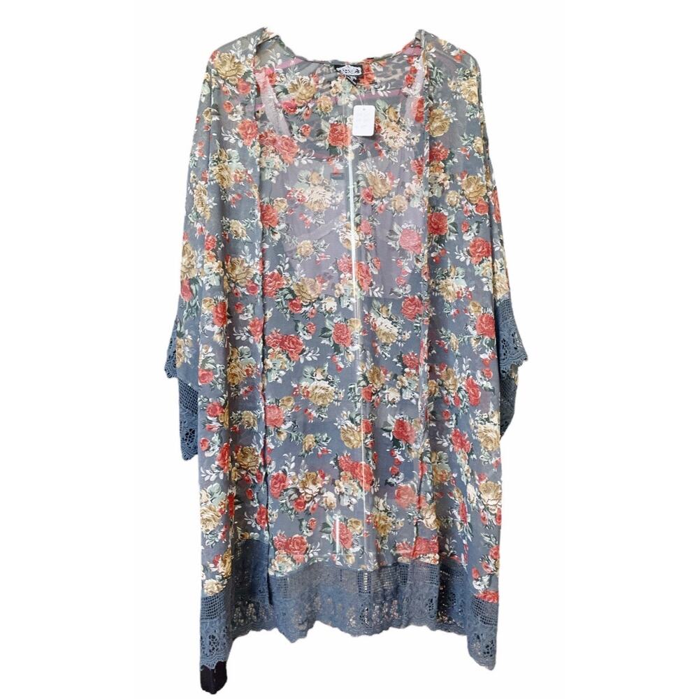 Angie Sheer Floral Rose Lace Kimono Open Front Boho Wrap Size Small